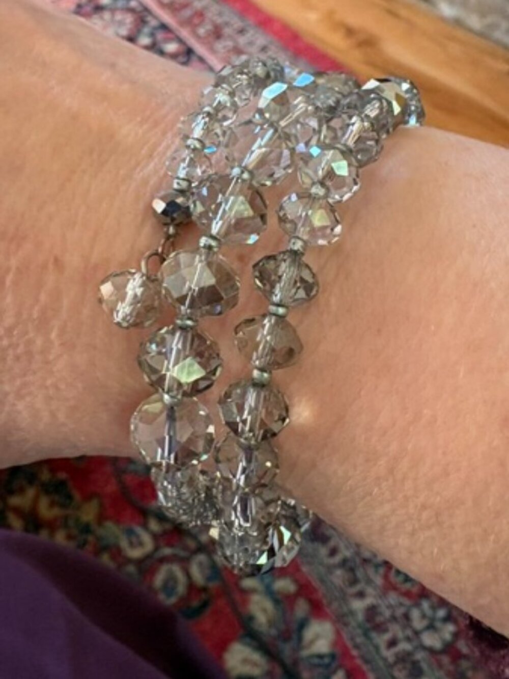 Vintage Glass Faceted Bead Smokey Gray Memory Wire Coil Wrap Adjustable Bracelet
